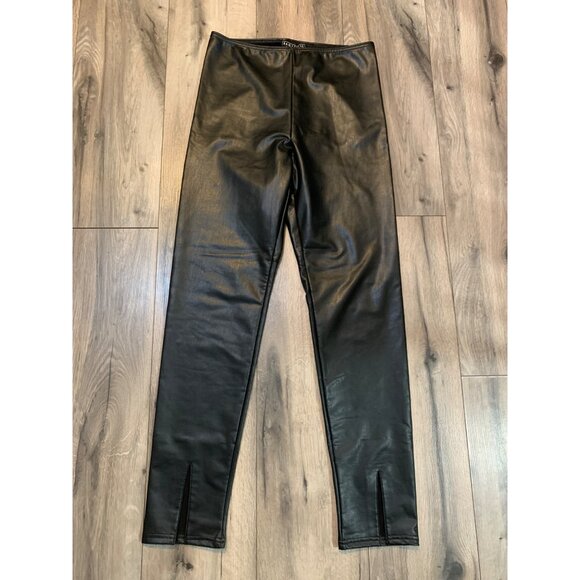 Bagatelle Womans S Black Pleather Faux Leather Pull On Pants Stretch Slit Front - Picture 1 of 6